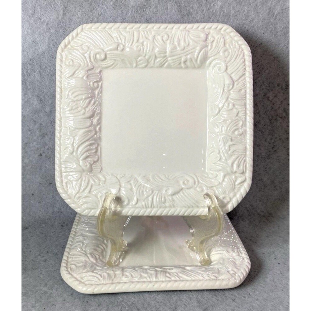Home Essentials White Tapestry 6” Square Plates Set 2 Embossed